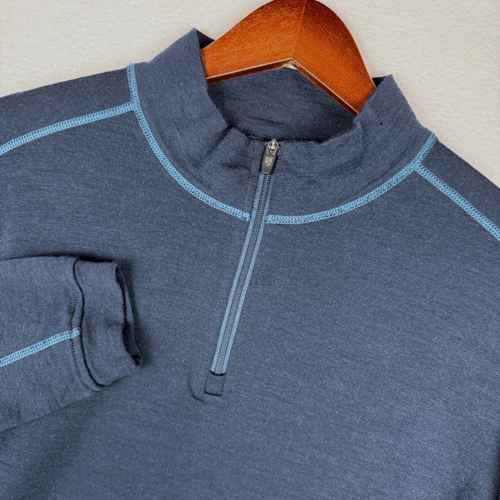 KUHL Team Merino Wool 1/4 Zip Pullover Mens Medium Blue Thumbholes 3015